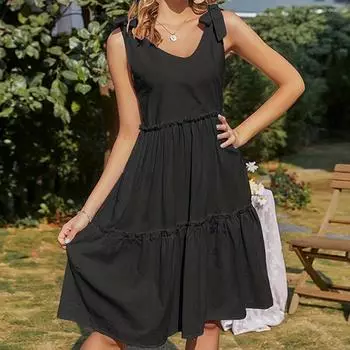 Женское летнее цельное платье без рукавов с V-образным вырезом и бантом XL чёрный