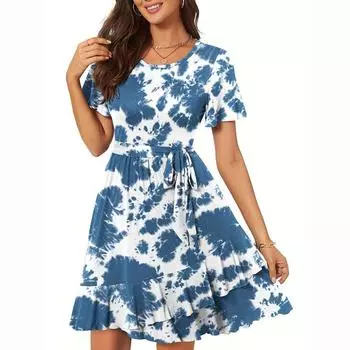 Женское летнее цельное платье с круглым вырезом и коротким рукавом с принтом на поясе S синий