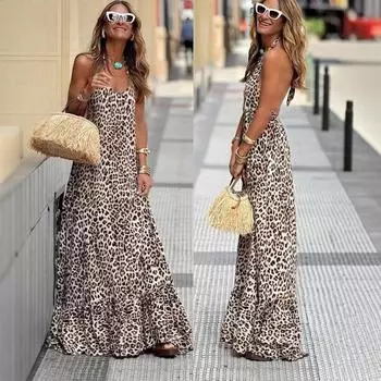 Женское летнее цельное платье в стиле бохо с леопардовым принтом и открытой спиной XL