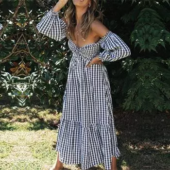 Женское летнее черно-белое длинное платье в клетку, сексуальное платье с пышными рукавами и воротником-стойкой без бретелек с высокой талией, S-XL S чёрный