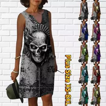 Женское летнее черно-серое платье с v-образным вырезом и принтом головы черепа, повседневное модное платье без рукавов, повседневные свободные сексуальные платья размера плюс XS-8XL XS чёрный