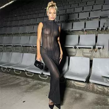 Женское летнее черное клубное вечернее платье без рукавов с прозрачным облегающим платьем макси L чёрный