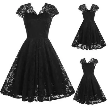 Женское летнее черное кружевное платье без рукавов с v-образным вырезом в стиле ретро L чёрный