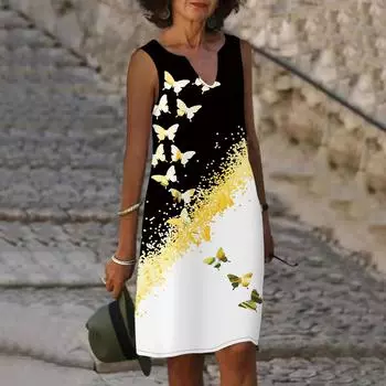 Женское летнее черное платье с v-образным вырезом и принтом бабочки, повседневное модное платье без рукавов, повседневное свободное сексуальное платье размера плюс XS-8XL XS фиолетовый