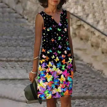 Женское летнее черное платье с v-образным вырезом и принтом бабочки, повседневное модное платье без рукавов, повседневное свободное сексуальное платье размера плюс XS-8XL XS чёрный
