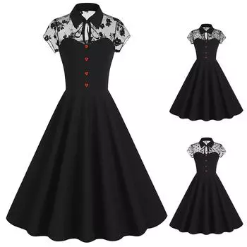 Женское летнее черное сетчатое платье в стиле ретро в стиле пэчворк в готическом стиле L чёрный