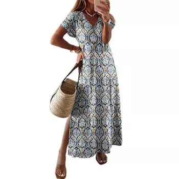 Женское летнее цветочное платье с коротким рукавом, пляжное платье с карманами, повседневное платье-футболка с V-образным вырезом и разрезом, длинное платье для путешествий и отпуска M