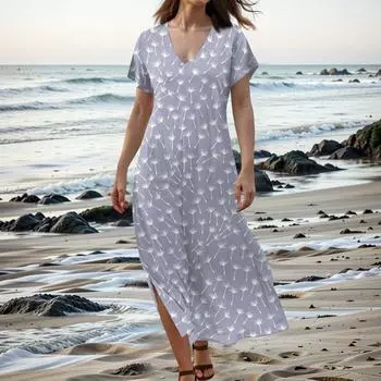 Женское летнее цветочное платье с коротким рукавом, пляжное платье с карманами, повседневное платье-футболка с V-образным вырезом и разрезом, длинное платье для путешествий и отпуска XXL фиолетовый