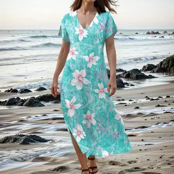 Женское летнее цветочное платье с коротким рукавом, пляжное платье с карманами, повседневное платье-футболка с V-образным вырезом и разрезом, длинное платье для путешествий и отпуска XXXL циан