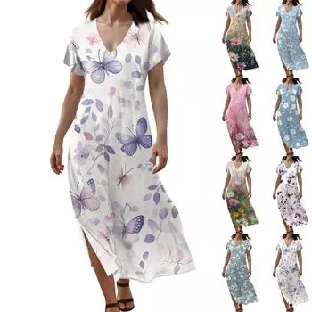 Женское летнее цветочное платье с коротким рукавом, пляжное платье с карманами, повседневное платье-футболка с V-образным вырезом и разрезом, длинное платье для путешествий и отпуска XXL зелёный