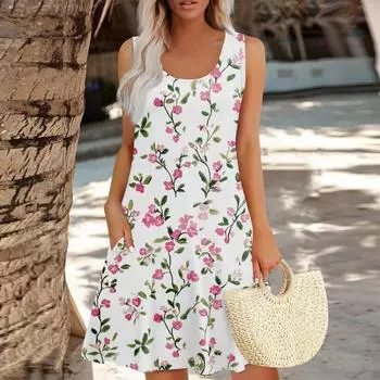 Женское летнее цветочное платье в стиле бохо с высокой талией, повседневное гавайское платье с V-образным вырезом для отдыха M белый
