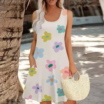 Женское летнее цветочное платье в стиле бохо с высокой талией, повседневное гавайское платье с V-образным вырезом для отдыха XXL бежевый