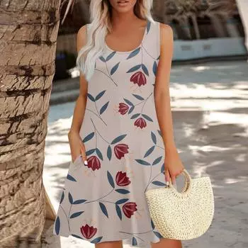 Женское летнее цветочное платье в стиле бохо с высокой талией, повседневное гавайское платье с V-образным вырезом для отдыха XXL красный