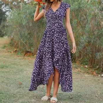 Женское летнее цветочное платье в стиле бохо с высокой талией, повседневное гавайское платье с V-образным вырезом для отдыха XL фиолетовый
