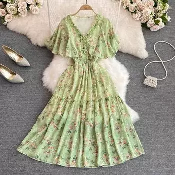 Женское летнее длинное эластичное платье с рюшами на талии и V-образным вырезом для отдыха, шикарное элегантное женское платье трапециевидной формы OneSize зелёный