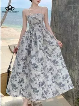 Женское летнее длинное платье без бретелек с принтом розы, халат Femme Vestidos S серый