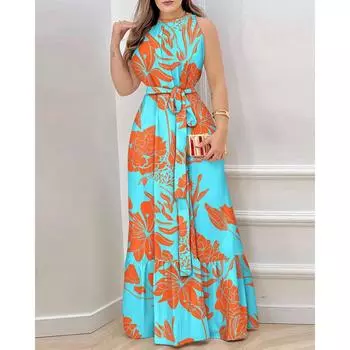 Женское летнее длинное платье без рукавов с круглым вырезом и завязками L синий