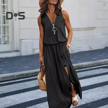 Женское летнее длинное платье без рукавов, повседневное платье макси с застежкой-молнией спереди, V-образным вырезом, карманом, плиссированным разрезом, платье миди S вино красного