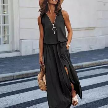 Женское летнее длинное платье без рукавов, повседневное платье макси с застежкой-молнией спереди, V-образным вырезом, карманом, плиссированным разрезом, платье миди S чёрный