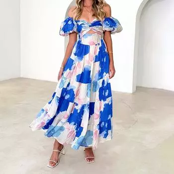 Женское летнее длинное платье до середины икры с цветочным принтом и пышными рукавами, свободный сарафан S
