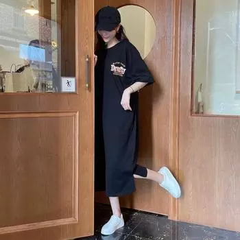 Женское летнее длинное платье-футболка Lazy T Shirt Dress Slimming Slit Dress Свободное платье размера Plus M чёрный