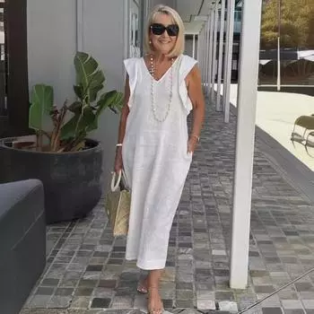 Женское летнее длинное платье из хлопка и льна с v-образным вырезом, бретелями сзади и летящими рукавами 4XL абрикосовый