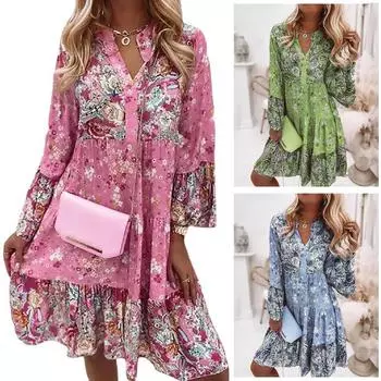 Женское летнее длинное платье макси с цветочным принтом в стиле бохо, женский праздничный сарафан с V-образным вырезом S синий