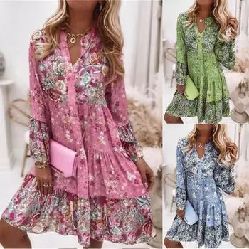 Женское летнее длинное платье макси с цветочным принтом в стиле бохо, женский праздничный сарафан с V-образным вырезом XXXL синий