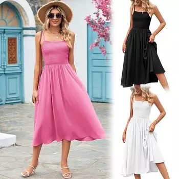 Женское летнее длинное платье, однотонное эластичное повседневное платье без рукавов до середины икры S чёрный