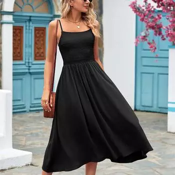 Женское летнее длинное платье, повседневное, эластичное, без рукавов, до середины голени, однотонный сарафан S