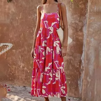 Женское летнее длинное платье, повседневный свободный сарафан без рукавов с принтом до середины икры S