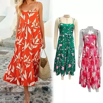Женское летнее длинное платье, повседневный свободный сарафан без рукавов с принтом до середины икры S