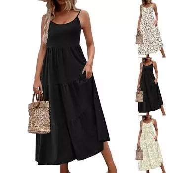 Женское летнее длинное платье, регулируемое, на тонких бретельках, повседневное платье с цветочным принтом и карманами, струящийся многоярусный пляжный сарафан S циан