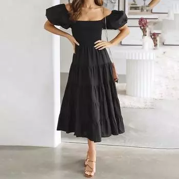 Женское летнее длинное платье с эластичными рукавами-фонариками, свободный сарафан до середины икры с цветочным принтом S