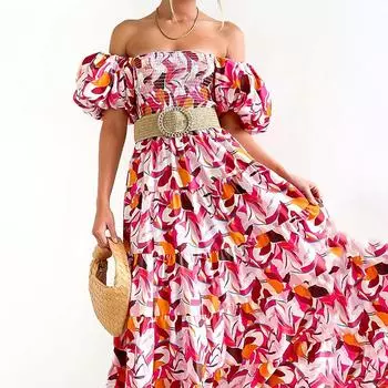 Женское летнее длинное платье с эластичными рукавами-фонариками, свободный сарафан до середины икры с цветочным принтом S