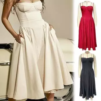 Женское летнее длинное платье с большой юбкой и подолом, однотонный сексуальный сарафан с топом-трубой