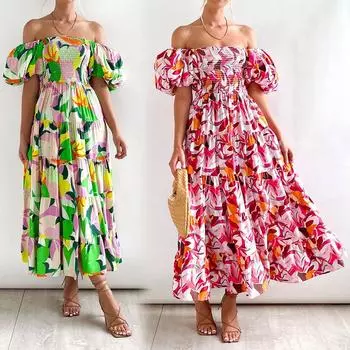 Женское летнее длинное платье с цветочным принтом и пышными рукавами, эластичный свободный сарафан до середины икры S