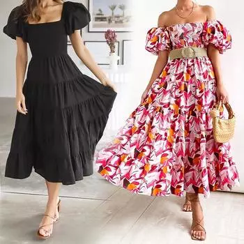 Женское летнее длинное платье с цветочным принтом и пышными рукавами, эластичный свободный сарафан до середины икры S