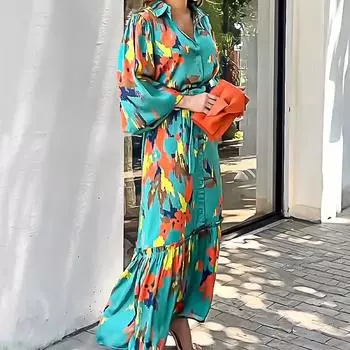 Женское летнее длинное платье с лацканами и цветочным принтом, свободный сарафан до середины икры с длинными рукавами L