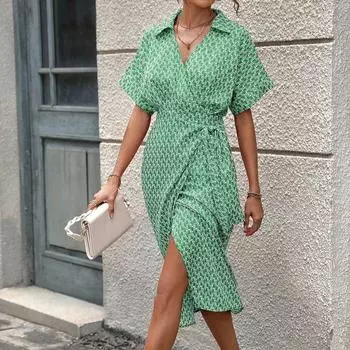 Женское летнее длинное платье с принтом, повседневное и модное, с поясом, V-образным вырезом и короткими рукавами, удобное платье M