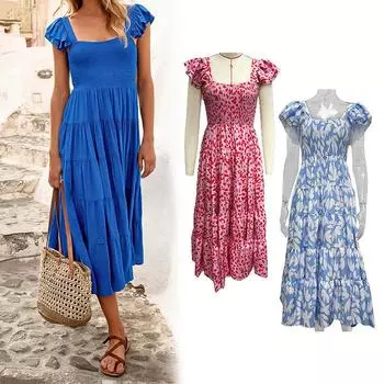 Женское летнее длинное платье с принтом до середины икры с короткими рукавами и квадратным воротником Сарафан M