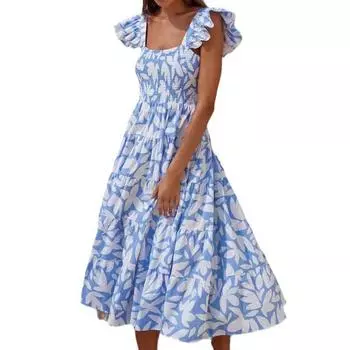 Женское летнее длинное платье с принтом до середины икры с короткими рукавами и квадратным воротником Сарафан M