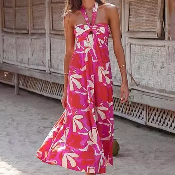Женское летнее длинное платье с принтом, повседневный сарафан без рукавов до середины икры с лямкой на шее L
