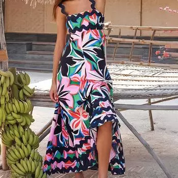Женское летнее длинное платье с принтом, свободный повседневный сарафан без рукавов до середины икры S