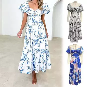 Женское летнее длинное платье с пышными рукавами до середины икры с цветочным принтом, свободный сарафан S