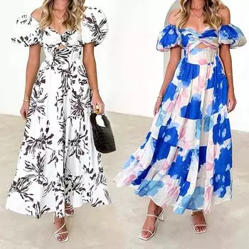 Женское летнее длинное платье с пышными рукавами до середины икры с цветочным принтом, свободный сарафан S
