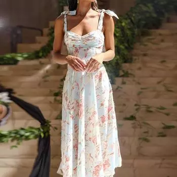 Женское летнее длинное платье с тонкой талией и v-образным вырезом на шее и принтом S синий