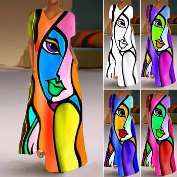 Женское летнее длинное платье с v-образным вырезом и абстрактным принтом в стиле ретро, женские свободные повседневные платья макси размера плюс XXXXXL синий