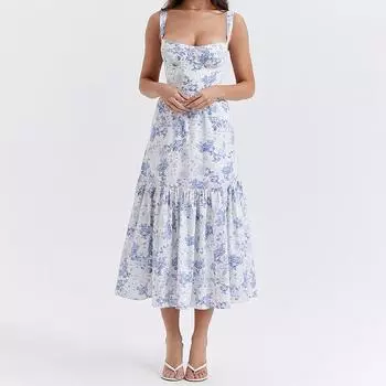 Женское летнее длинное платье, свободный повседневный модный сарафан без рукавов с цветочным принтом S