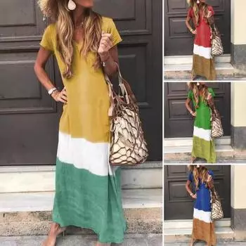 Женское летнее длинное платье в стиле пэчворк с V-образным вырезом, свободное макси-платье, повседневное платье с коротким рукавом для пляжного отдыха 3XL синий